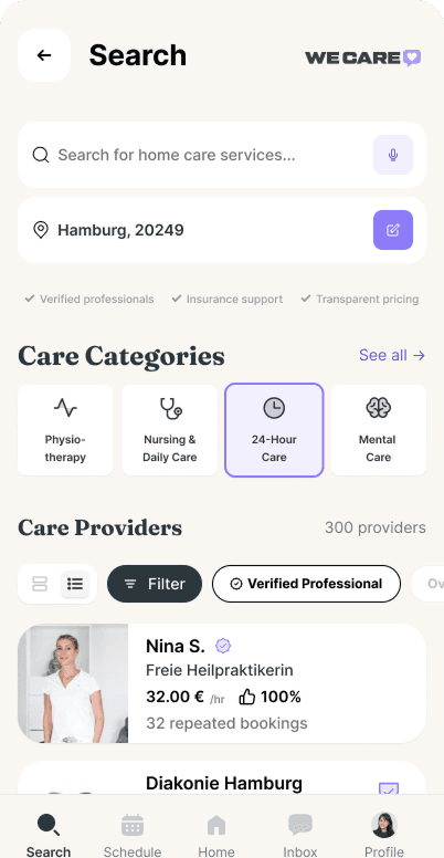 WeCare mobile app search screen